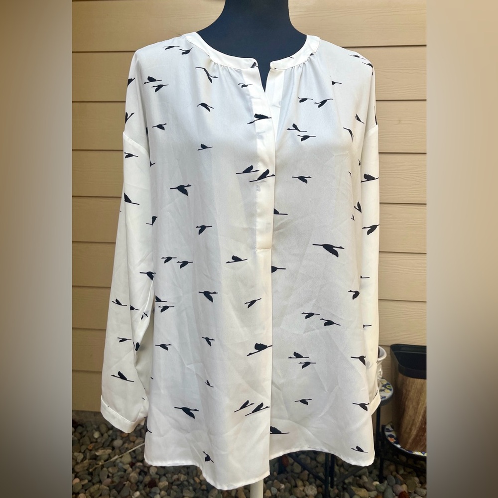 Vince Camuto Ivory and Black Bird Blouse